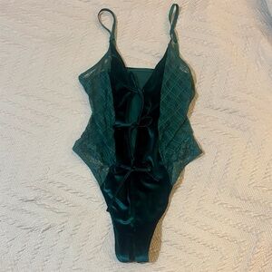 Dark Green Lace and Velvet Crotchless Teddy